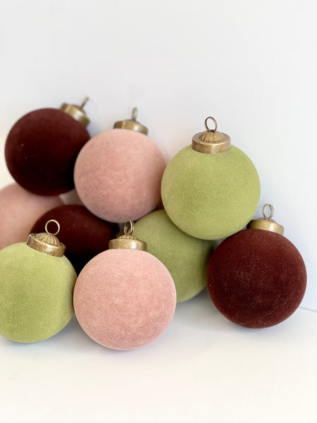 Flocked Christmas Ornaments: Olive Green, Beige, Brown Colors- 9 pcs 3,15" Boho Holiday Decor