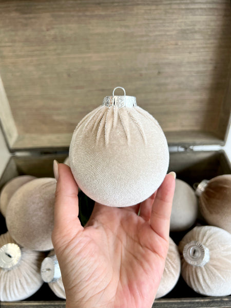 15 pcs Earth Tone Velvet Christmas Ornaments in Neutral Beige, Taupe and Forest Green, Handmade Cozy Holiday Tree Decor, Boho Farmhouse