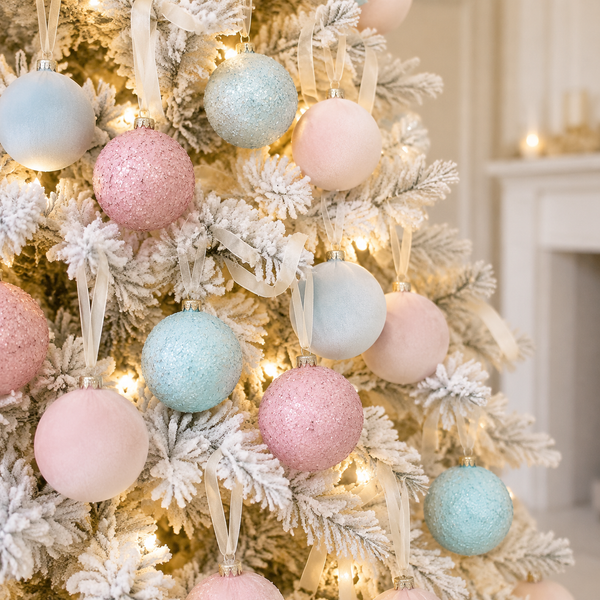 Pastel Christmas tree ornaments in pink, light blue, and glittery shades hanging on a flocked white Christmas tree with warm string lights.