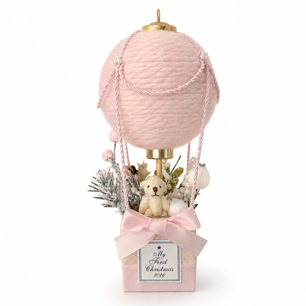 Baby’s First Christmas Ornament 2026, Pink Hot Air Balloon with Bunny, Handmade Newborn Keepsake