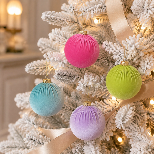 Four velvet Christmas tree ornaments in pink, lime green, light blue, and lavender purple, hanging on a flocked white Christmas tree with warm string lights.