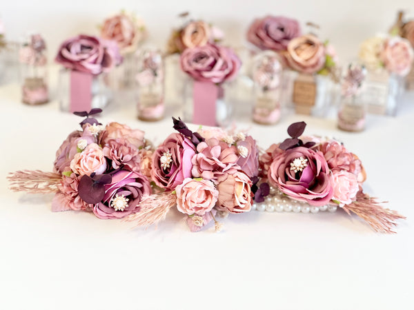 Dusty Rose Wedding Corsages, Prom Corsage and Boutonniere Set, Wrist Corsage, Mauve Wrist Corsage, Bridesmaids Corsage, Bridal Bracelets