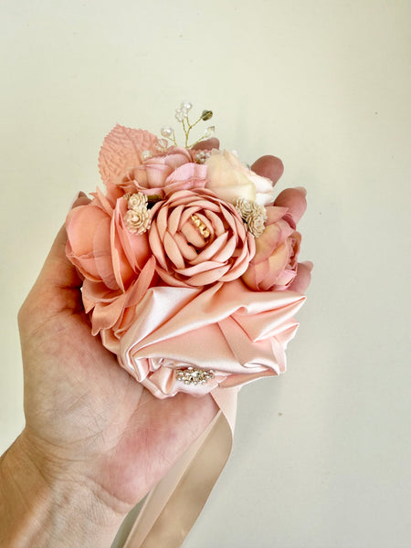 Peach Wedding Corsages, Prom Corsage Boutonniere Set, Wrist Blush Peach Corsage, Bridesmaids Corsage, Bridal Bracelets, Blush Boutonnière