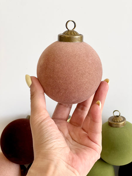 Flocked Christmas Ornaments: Olive Green, Beige, Brown Colors- 9 pcs 3,15" Boho Holiday Decor