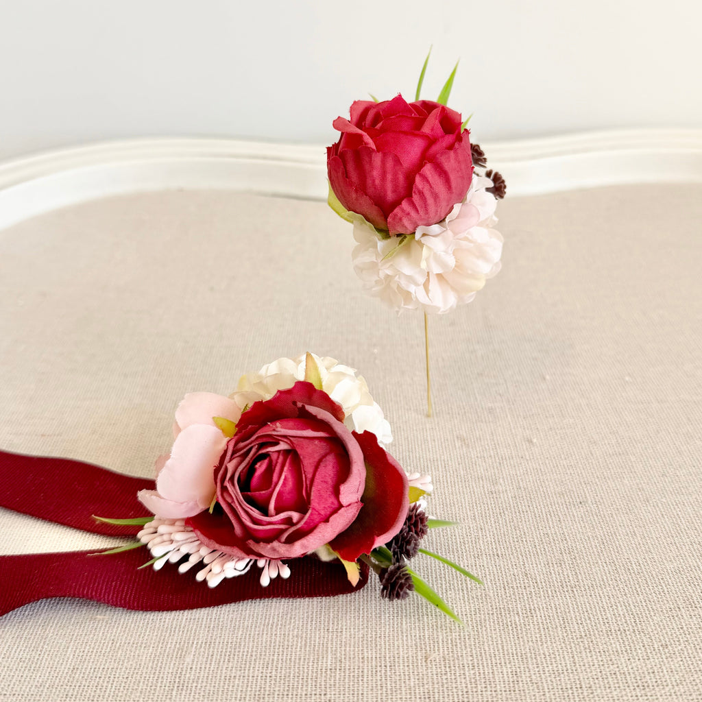 Red Pink Prom Corsage and Boutonniere Set, Wedding Wrist Corsage, Burgundy Corsage Set, Bridesmaids Corsage, Bridal Bracelets Corsage