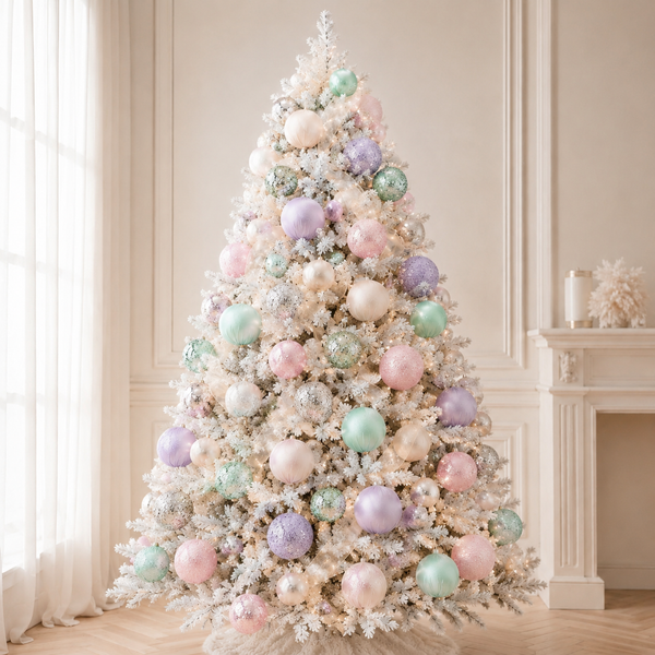 A flocked Christmas tree decorated with pastel pink, lavender, mint green, and cream ornaments, set in a bright, elegant room with a fireplace and window.