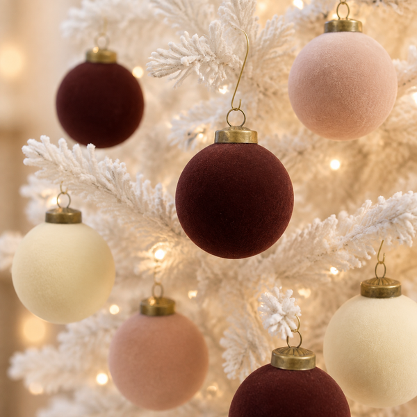 12 pcs Earth Tone Velvet Christmas Ornaments Brown, Creamy and Beige Cozy Holiday Tree Decor, Boho Farmhouse