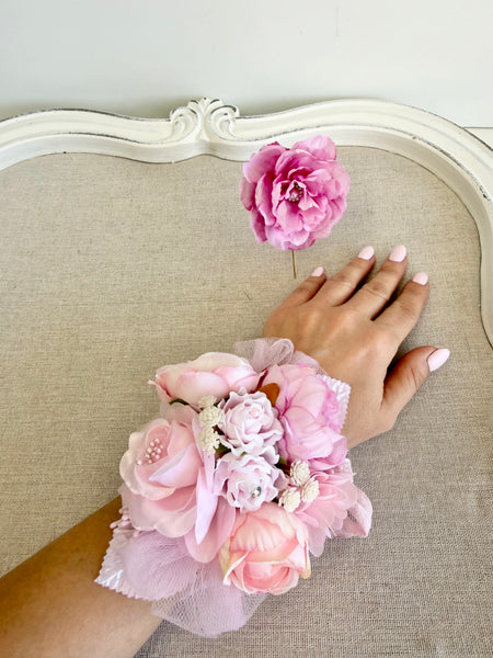 Baby Pink Prom Corsage and Boutonniere Set, Wedding Corsages, Wrist Corsage, Bridesmaids Corsage, Bridal Bracelets