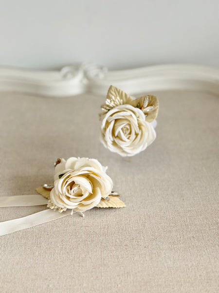 Ivory Wedding Corsages Boutonniere Set, Prom Wrist Corsage, Luxury Rose Corsage, Elegance Bridesmaids Corsage, Bridal Bracelets
