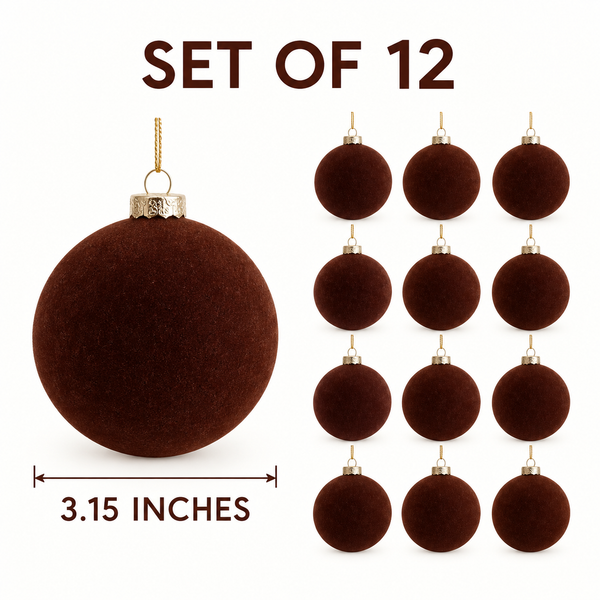 12 pcs Earth Tone Velvet Christmas Ornaments Brown Cozy Holiday Tree Decor, Boho Farmhouse