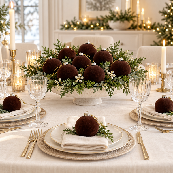12 pcs Earth Tone Velvet Christmas Ornaments Brown Cozy Holiday Tree Decor, Boho Farmhouse