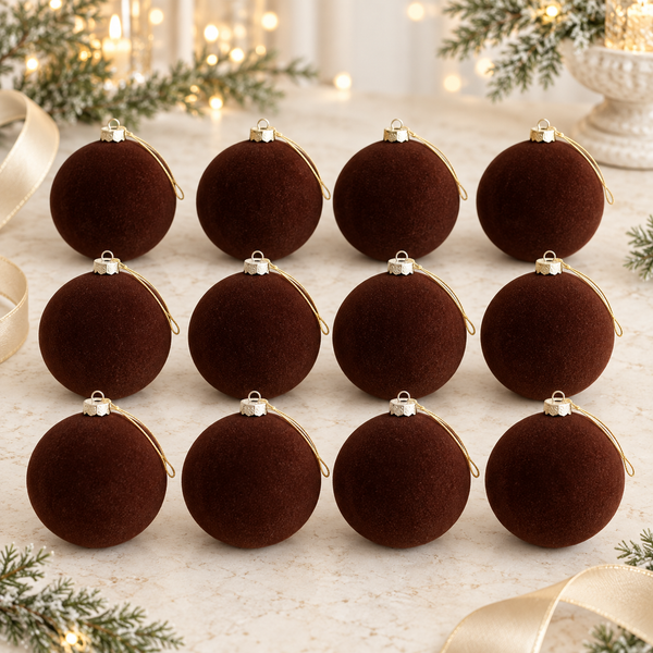 12 pcs Earth Tone Velvet Christmas Ornaments Brown Cozy Holiday Tree Decor, Boho Farmhouse
