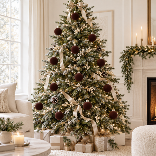 12 pcs Earth Tone Velvet Christmas Ornaments Brown Cozy Holiday Tree Decor, Boho Farmhouse