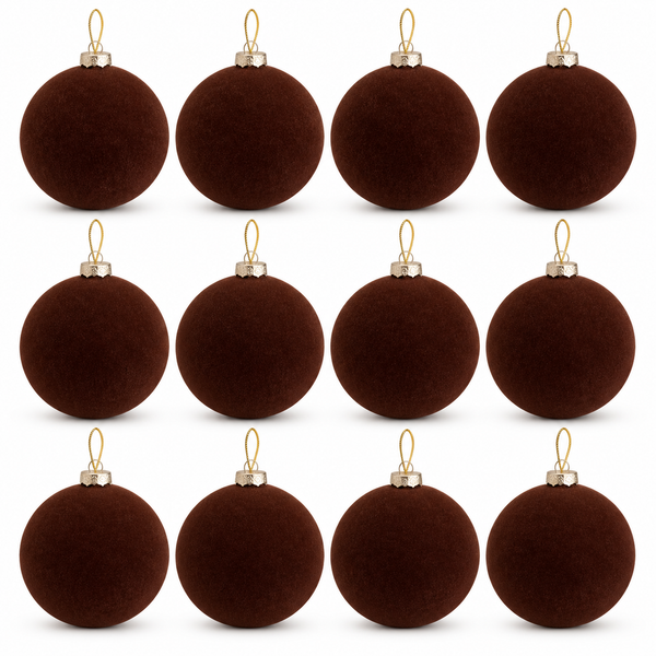 12 pcs Earth Tone Velvet Christmas Ornaments Brown Cozy Holiday Tree Decor, Boho Farmhouse