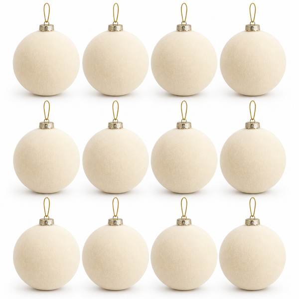 12 pcs Earth Tone Velvet Christmas Ornaments Ivory Cozy Holiday Tree Decor, Boho Farmhouse