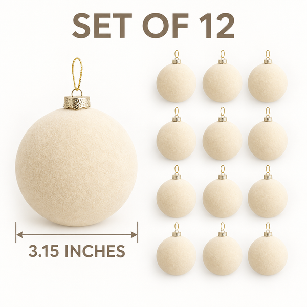 12 pcs Earth Tone Velvet Christmas Ornaments Ivory Cozy Holiday Tree Decor, Boho Farmhouse