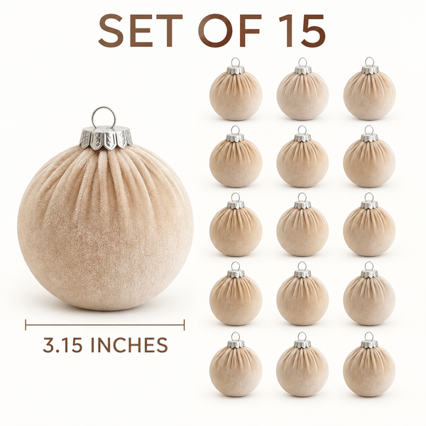 15 pcs Velvet Christmas Ornaments in Neutral Beige, Handmade Cozy Holiday Tree Decor, Boho Farmhouse