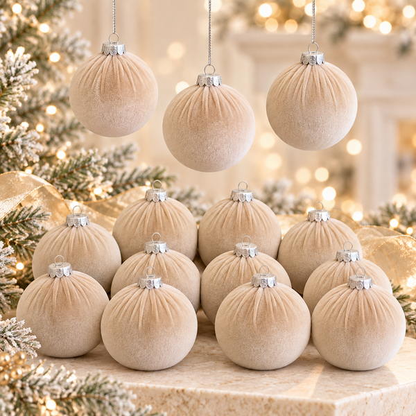 15 pcs Velvet Christmas Ornaments in Neutral Beige, Handmade Cozy Holiday Tree Decor, Boho Farmhouse