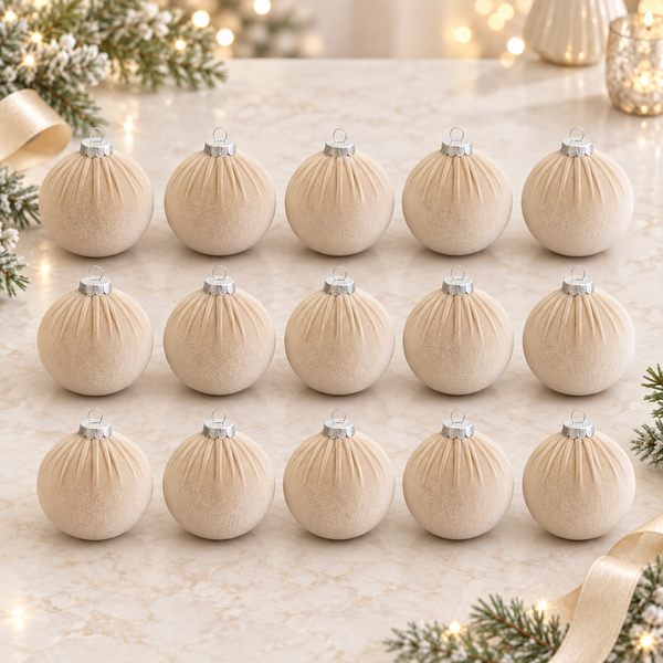 15 pcs Velvet Christmas Ornaments in Neutral Beige, Handmade Cozy Holiday Tree Decor, Boho Farmhouse