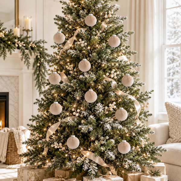 15 pcs Velvet Christmas Ornaments in Neutral Beige, Handmade Cozy Holiday Tree Decor, Boho Farmhouse