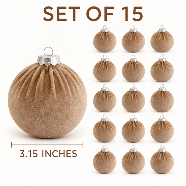 15 pcs Earth Tone Velvet Christmas Ornaments in Taupe, Handmade Cozy Holiday Tree Decor, Boho Farmhouse
