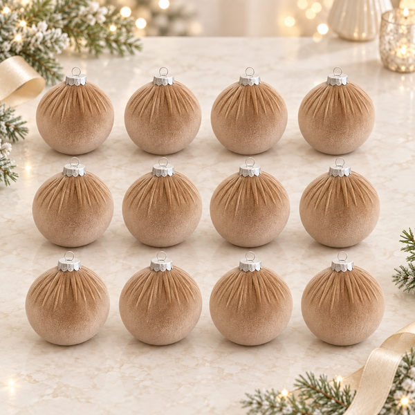 15 pcs Earth Tone Velvet Christmas Ornaments in Taupe, Handmade Cozy Holiday Tree Decor, Boho Farmhouse