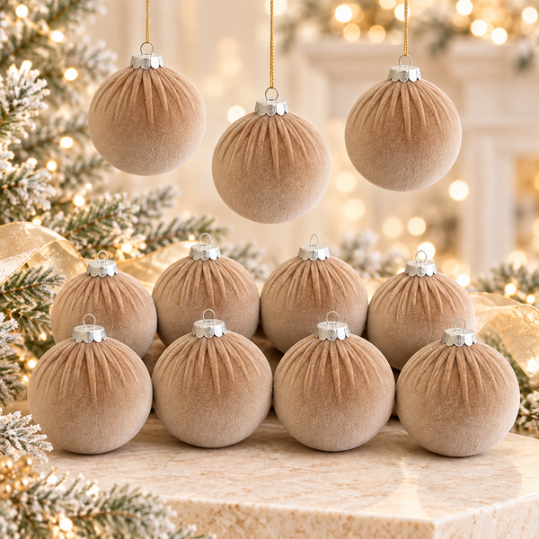 15 pcs Earth Tone Velvet Christmas Ornaments in Taupe, Handmade Cozy Holiday Tree Decor, Boho Farmhouse