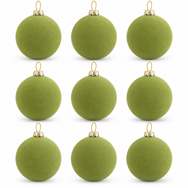 Flocked Christmas Ornaments: Olive Green- 9 pcs 3,15" Boho Holiday Decor