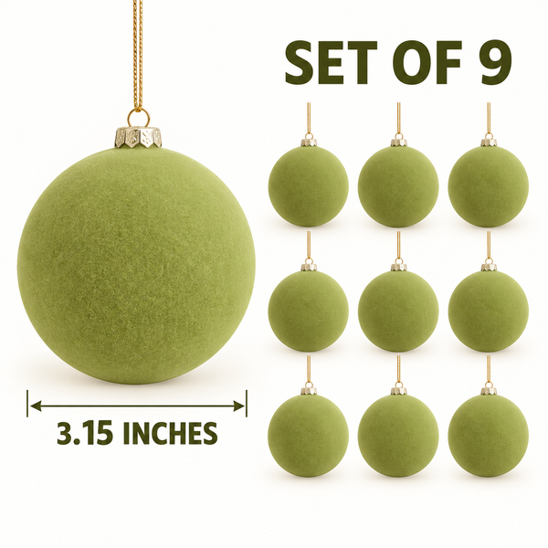 Flocked Christmas Ornaments: Olive Green- 9 pcs 3,15" Boho Holiday Decor