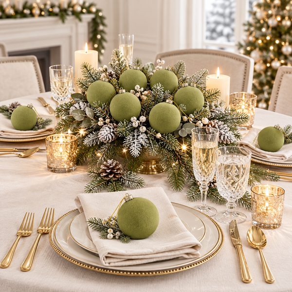 Flocked Christmas Ornaments: Olive Green- 9 pcs 3,15" Boho Holiday Decor