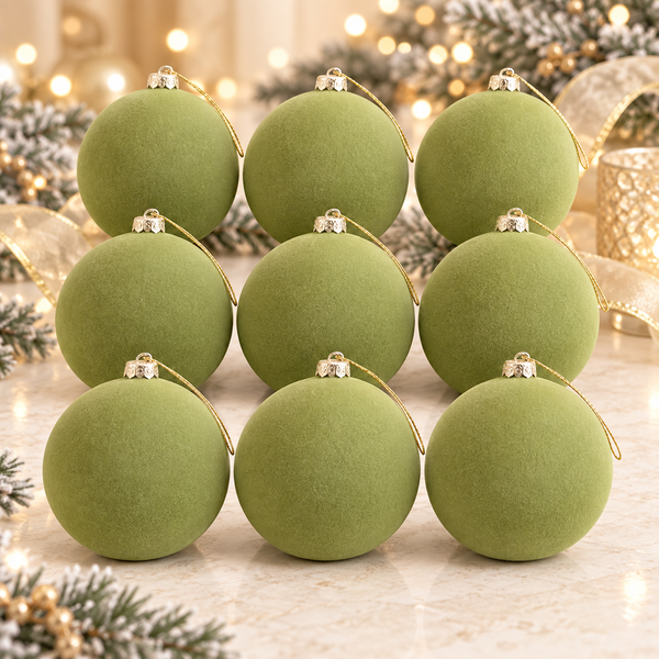 Flocked Christmas Ornaments: Olive Green- 9 pcs 3,15" Boho Holiday Decor
