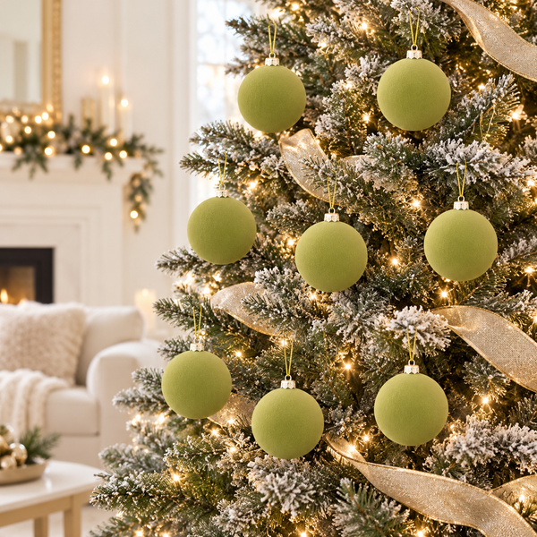 Flocked Christmas Ornaments: Olive Green- 9 pcs 3,15" Boho Holiday Decor
