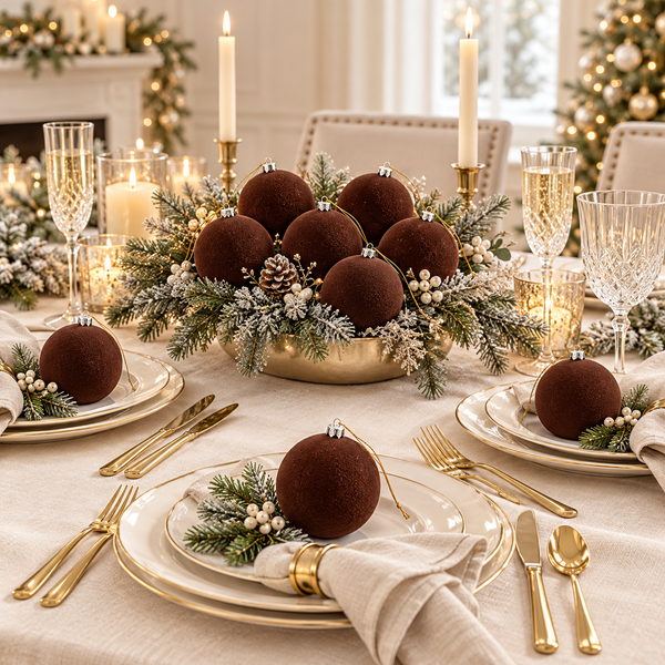 Flocked Christmas Ornaments: Brown- 9 pcs 3,15" Boho Holiday Decor
