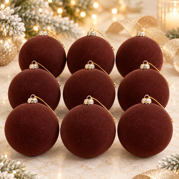 Flocked Christmas Ornaments: Brown- 9 pcs 3,15" Boho Holiday Decor