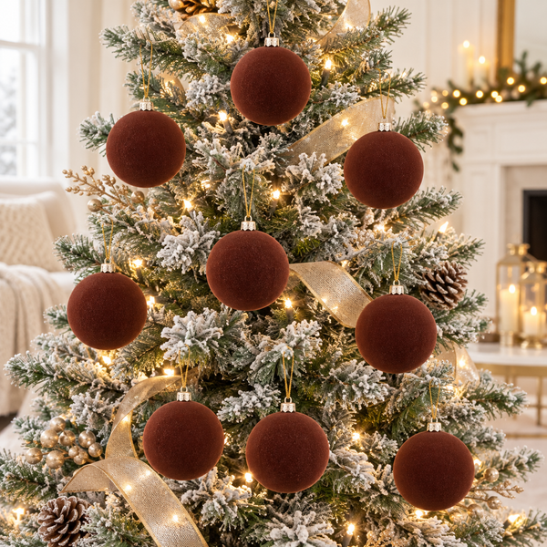 Flocked Christmas Ornaments: Brown- 9 pcs 3,15" Boho Holiday Decor
