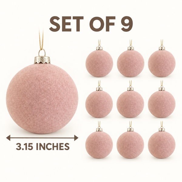 Flocked Christmas Ornaments: Beige Nude- 9 pcs 3,15" Boho Holiday Decor