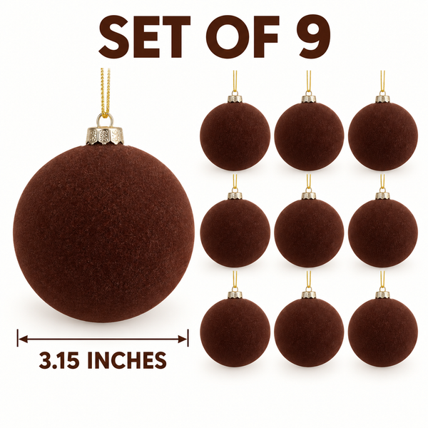 Flocked Christmas Ornaments: Brown- 9 pcs 3,15" Boho Holiday Decor