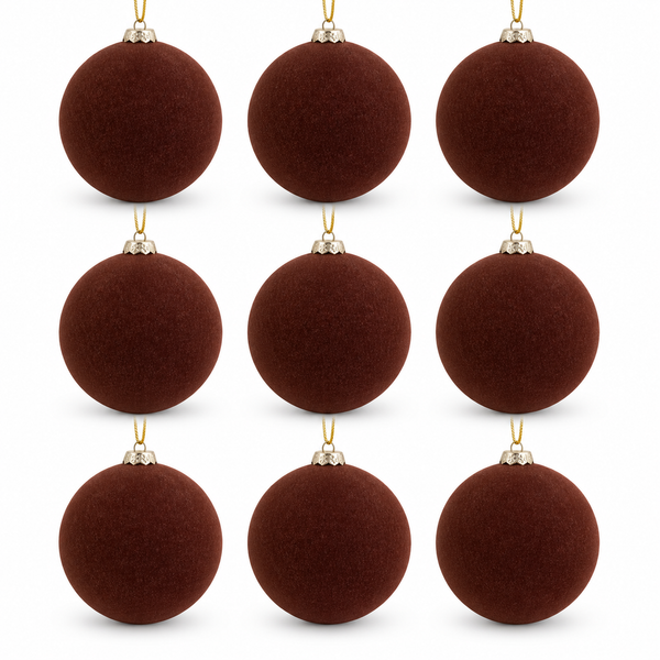 Flocked Christmas Ornaments: Brown- 9 pcs 3,15" Boho Holiday Decor