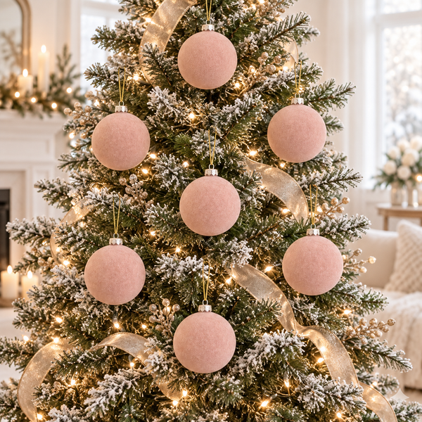Flocked Christmas Ornaments: Beige Nude- 9 pcs 3,15" Boho Holiday Decor