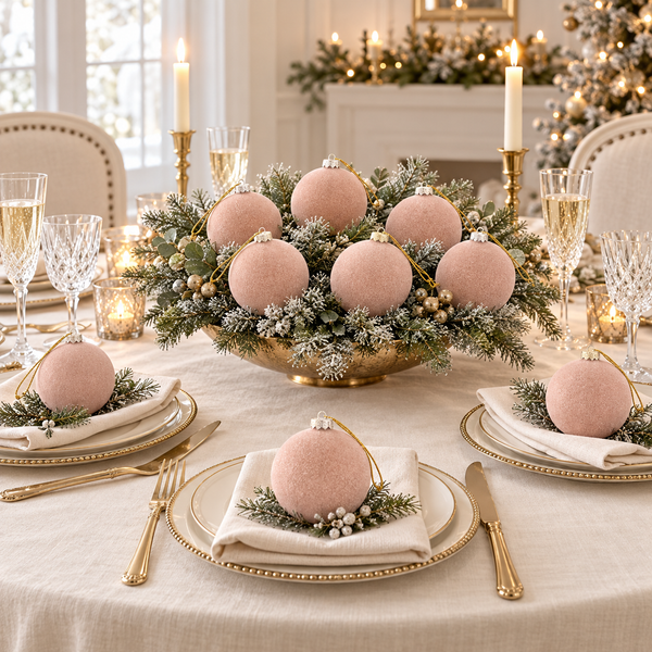 Flocked Christmas Ornaments: Beige Nude- 9 pcs 3,15" Boho Holiday Decor