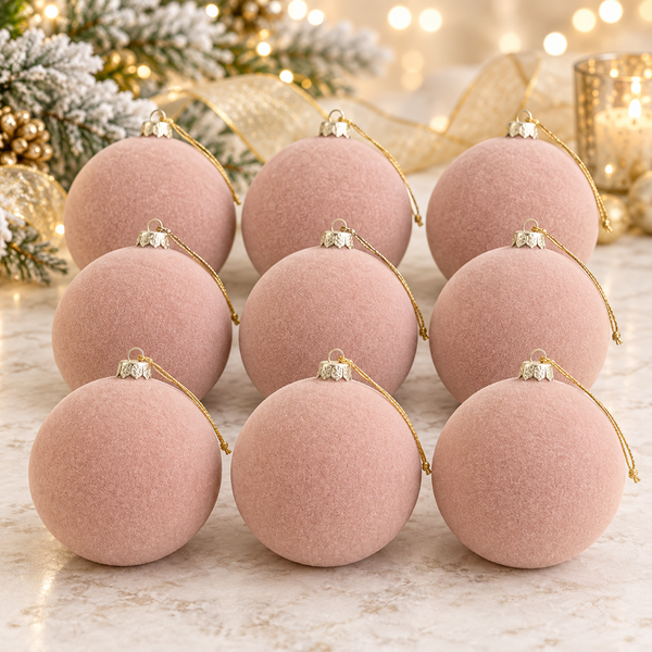Flocked Christmas Ornaments: Beige Nude- 9 pcs 3,15" Boho Holiday Decor