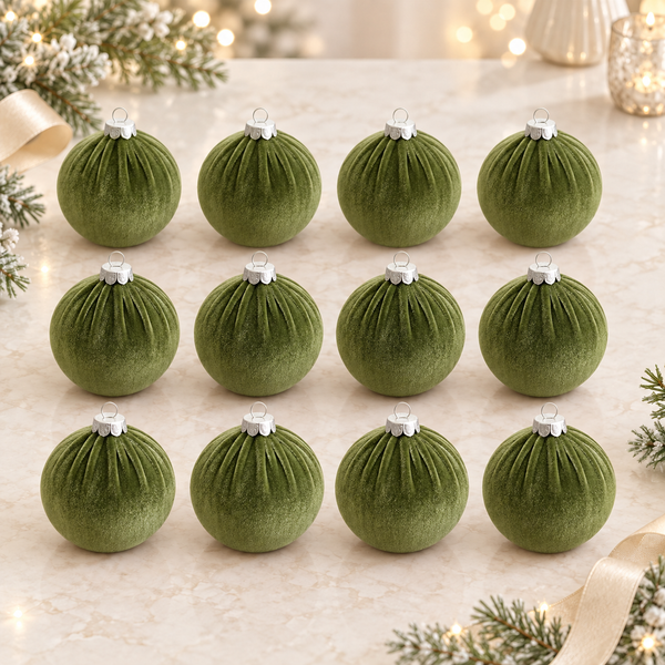 15 pcs Earth Tone Velvet Christmas Ornaments in Forest Green, Handmade Cozy Holiday Tree Decor, Boho Farmhouse