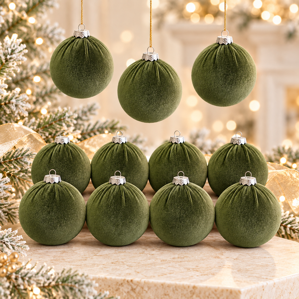15 pcs Earth Tone Velvet Christmas Ornaments in Forest Green, Handmade Cozy Holiday Tree Decor, Boho Farmhouse