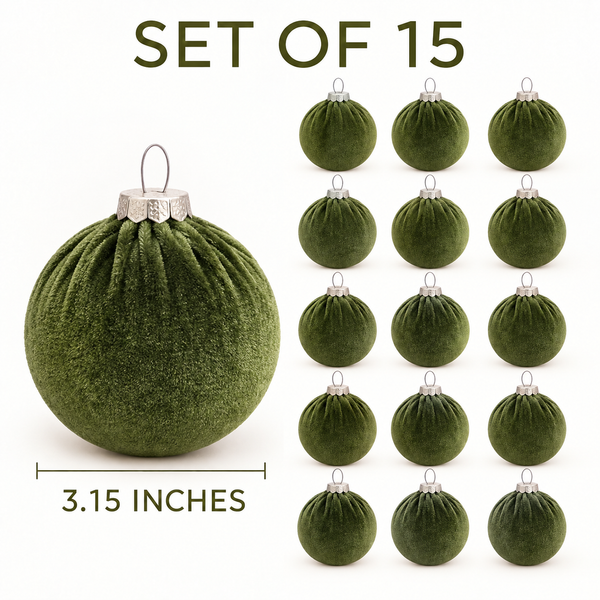 15 pcs Earth Tone Velvet Christmas Ornaments in Forest Green, Handmade Cozy Holiday Tree Decor, Boho Farmhouse