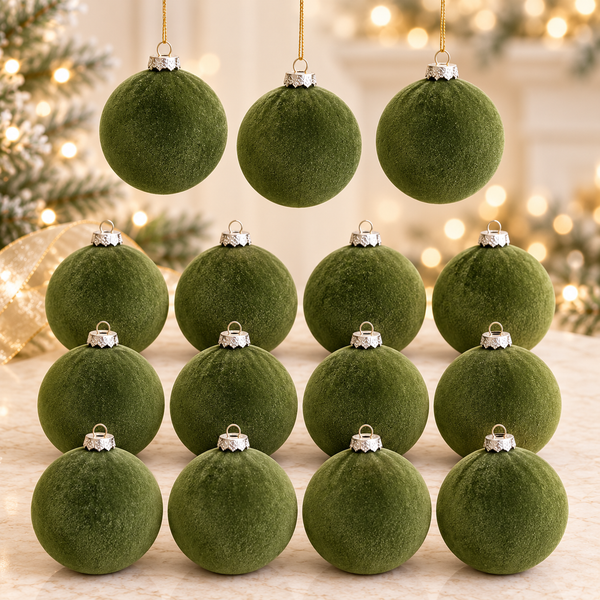 15 pcs Earth Tone Velvet Christmas Ornaments in Forest Green, Handmade Cozy Holiday Tree Decor, Boho Farmhouse
