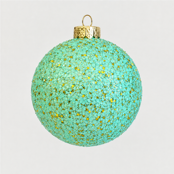 A round turquoise blue glitter Christmas ornament decorated with small gold star confetti, featuring a gold metallic cap and hanging loop, shown against a light gray background.