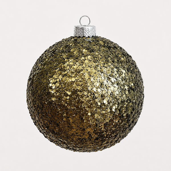 A round, gold glitter Christmas ornament with a silver hanging loop and cap, shown against a plain light gray background.
