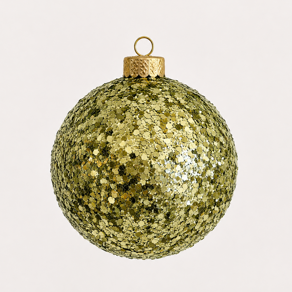 A spherical Christmas ornament covered in textured gold sequins, featuring a gold cap and hanging loop, set against a plain light gray background.
