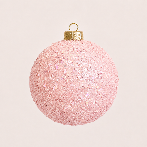 A spherical pink glitter Christmas ornament with a textured gold cap and hanging loop, shown against a solid light beige background.