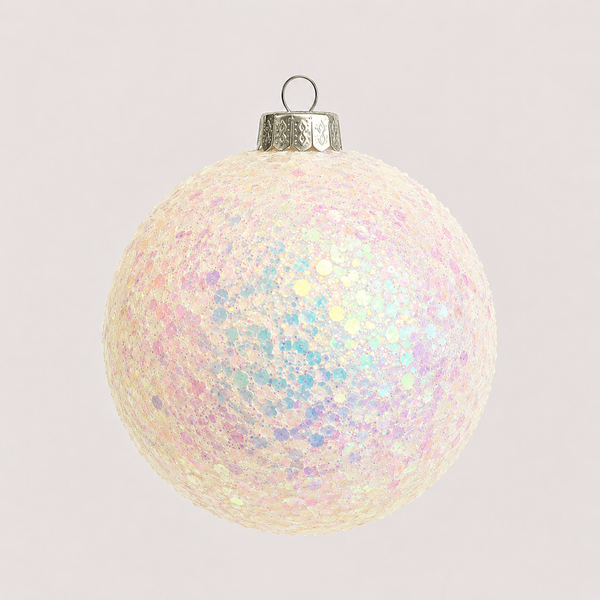 A spherical Christmas ornament covered in iridescent glitter, featuring a silver metal cap and hanging loop, set against a solid light gray background.